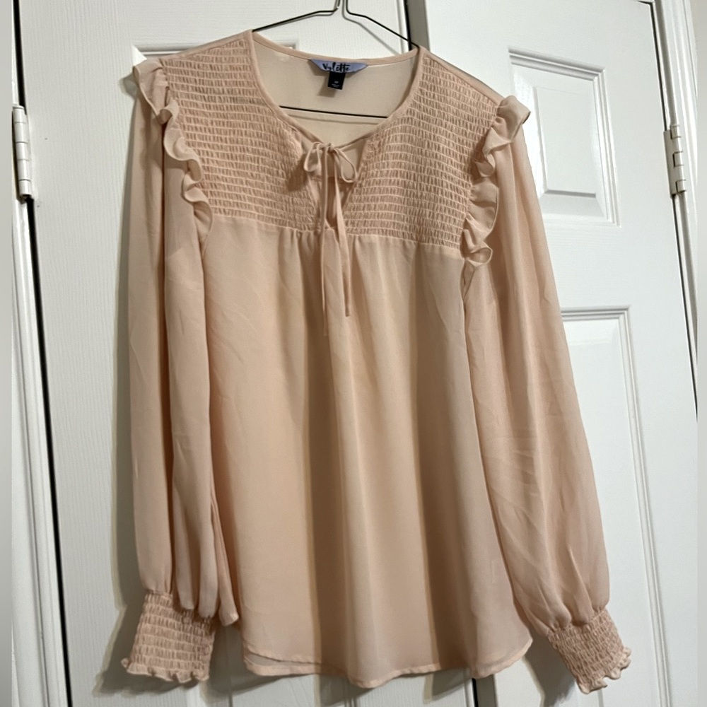 Peach Pink, Ruffle Pattern, Long Sleeved Blouse
